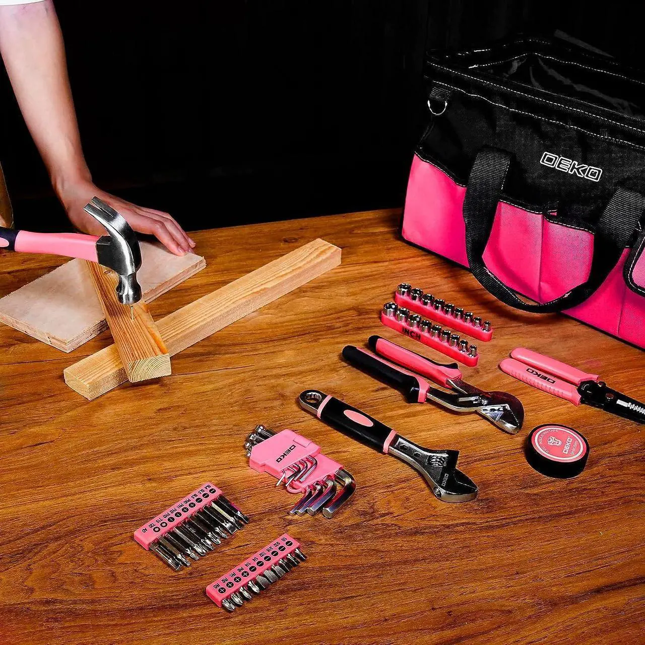 Alt view image 5 of 6 - DEKOPRO Pink Tool Set for Women Ladies Girls, 226-Piece Household Hand Tool Kit with Wide Mouth Open Storage Tool Bag for DIY, Home and Equipment Maintenance