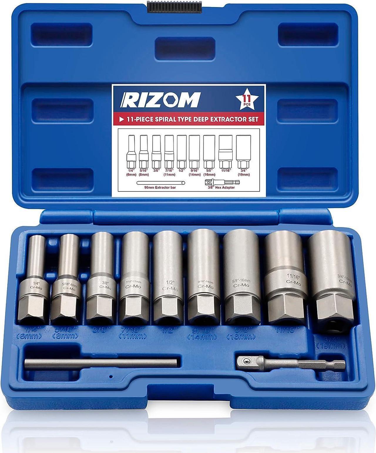 Main image of RIZOM 11-Piece Spiral Type Deep Bolt Extractor Set, Stripped Nut Remover Set, for Removing Spark Plug, Broken Bolts, Studs, Fittings, Threaded Pipes and Pins