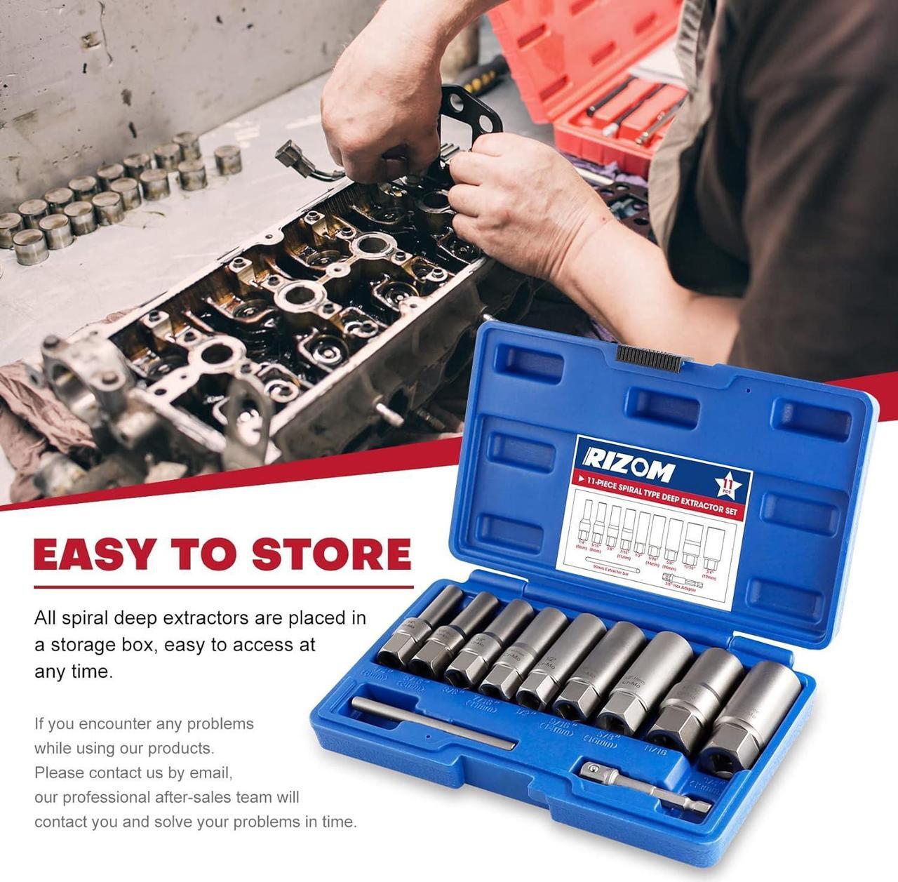 Alt view image 7 of 7 - RIZOM 11-Piece Spiral Type Deep Bolt Extractor Set, Stripped Nut Remover Set, for Removing Spark Plug, Broken Bolts, Studs, Fittings, Threaded Pipes and Pins