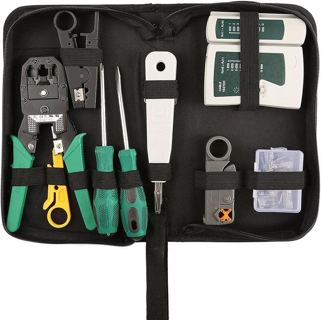 Main image of Hiija Network Tool Kit Professional Network Maintenance LAN Cable Tester, RJ45 Crimper 9 in 1 Repair Tools RJ45 Crimp Tool, 8P8C RJ45 Connectors, Cable Tester, Screwdriver, Stripping Pliers