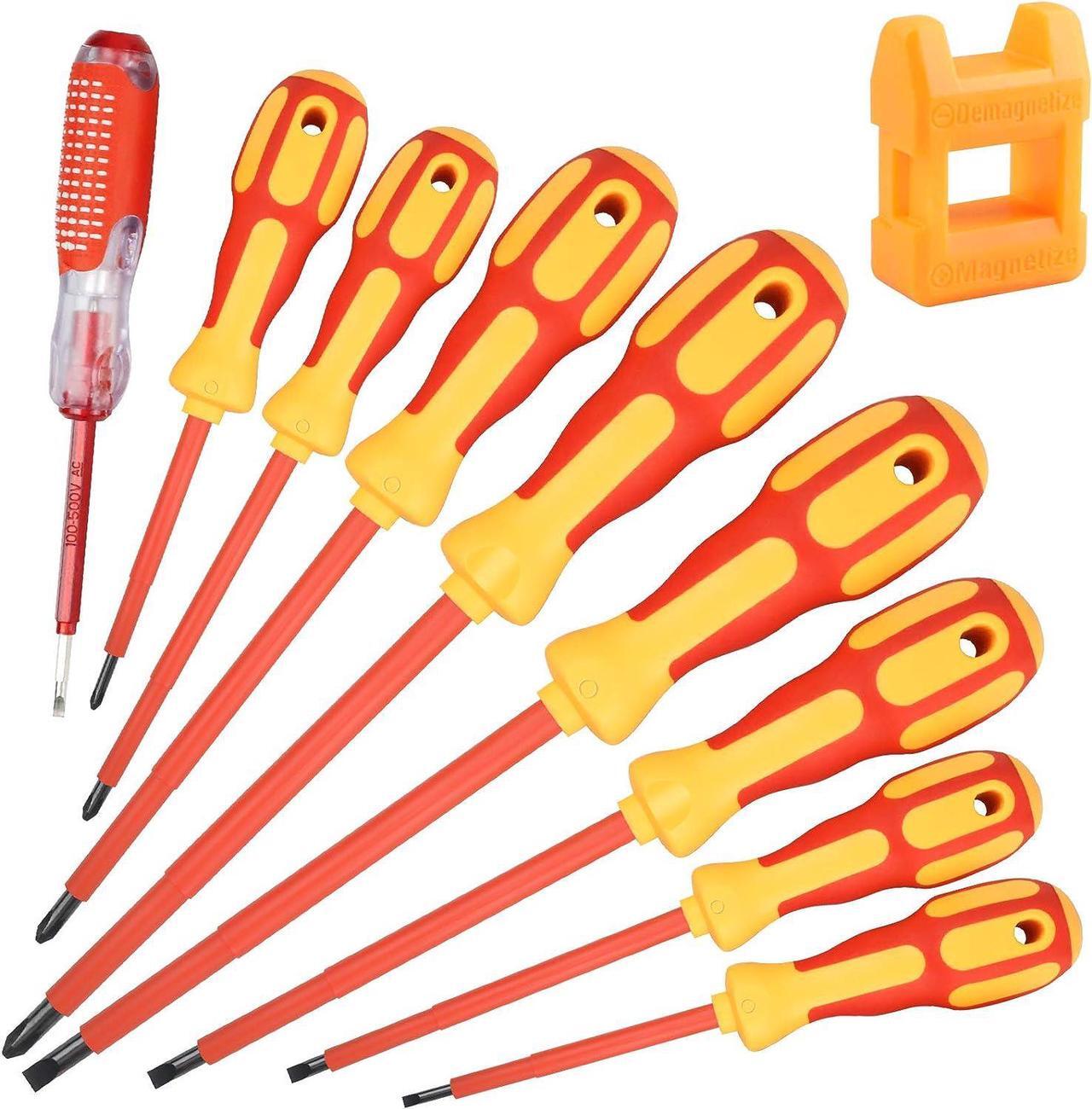Main image of uoboeuq 9 Piece 1000V Insulated Electrician Screwdrivers Set with Magnetic Tips, Slotted and Phillips Bits Non-Slip Grip, with 1 Test pen Electrical screwdriver set