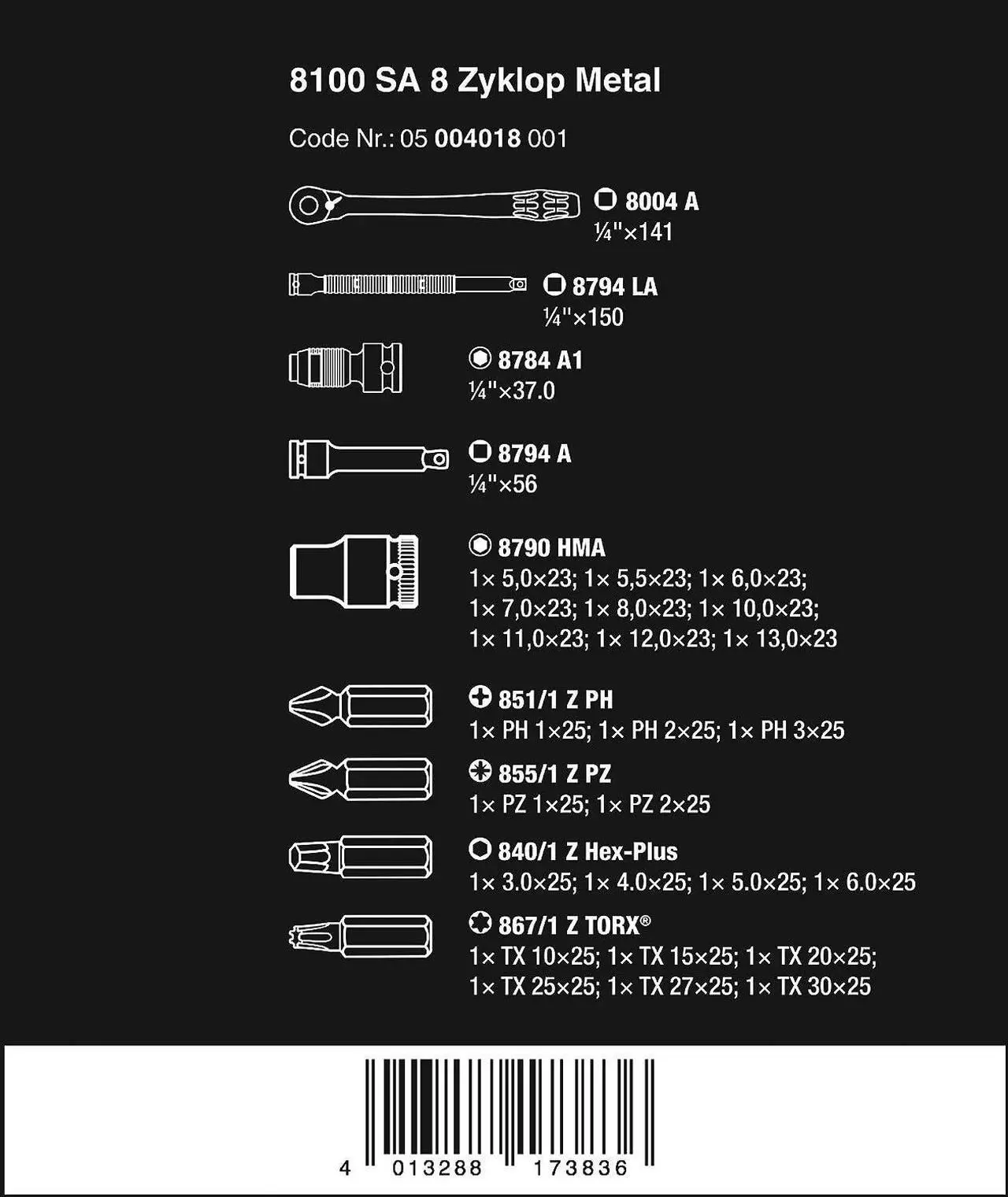 Alt view image 2 of 7 - Wera 05004018001 8100 SA 8 Zyklop Metal Ratchet Set with Switch Lever, 1/4" Drive, Metric, 28 Pieces