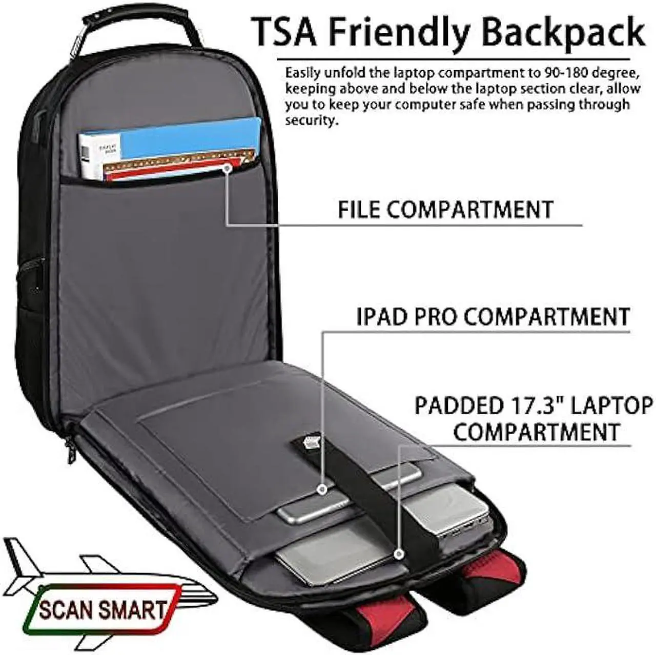 Alt view image 3 of 7 - 17.3 Laptop Backpack, Extra Large Travel laptop Backpack with Rain Cover, TSA Friendly Flight Approved with RFID Anti Theft Pocket and USB Charger Port, Water Resistant College Bag for Men and Women