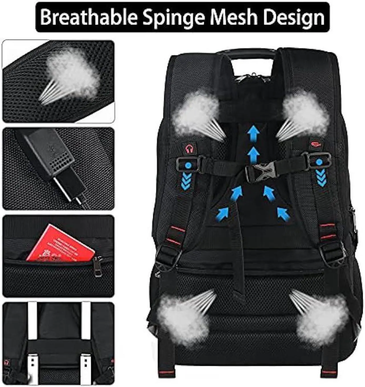 Alt view image 5 of 7 - 17.3 Laptop Backpack, Extra Large Travel laptop Backpack with Rain Cover, TSA Friendly Flight Approved with RFID Anti Theft Pocket and USB Charger Port, Water Resistant College Bag for Men and Women