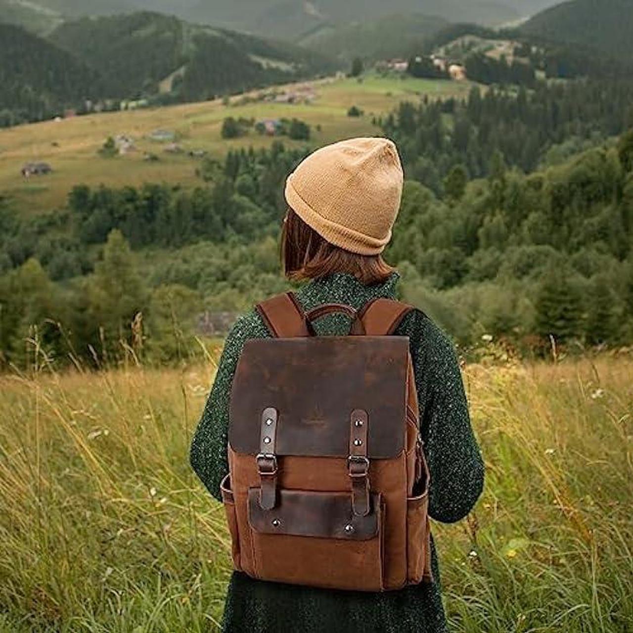Alt view image 2 of 7 - Modoker Waxed Canvas Backpack, Leather Rucksack Knapsack for Men Woman Satchel Backpack, Vintage Travel Laptop Backpack 15.6 Inch Retro Flap Backpacks Canvas Carry On Casual Bookbag Daypack Brown