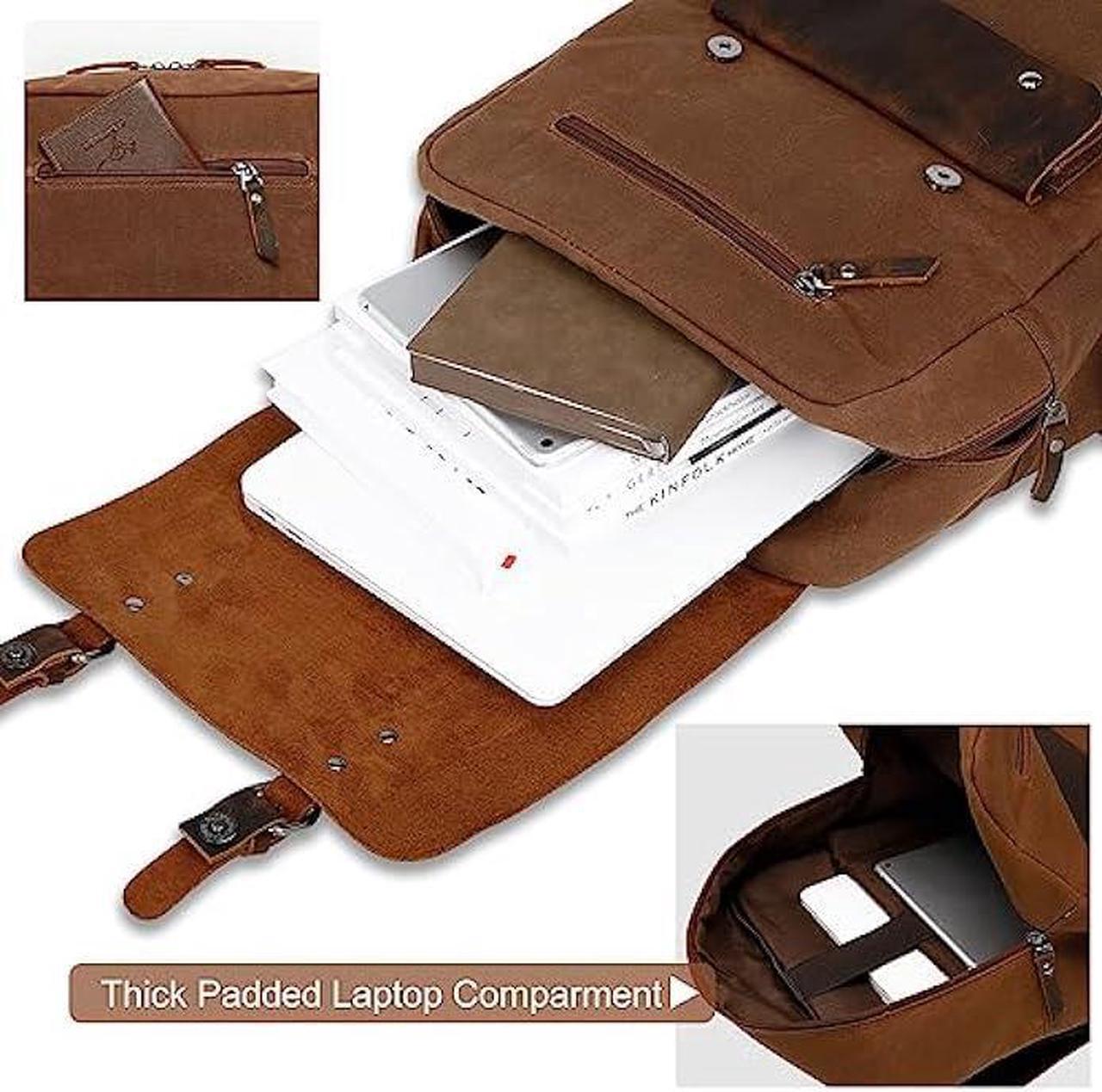 Alt view image 4 of 7 - Modoker Waxed Canvas Backpack, Leather Rucksack Knapsack for Men Woman Satchel Backpack, Vintage Travel Laptop Backpack 15.6 Inch Retro Flap Backpacks Canvas Carry On Casual Bookbag Daypack Brown