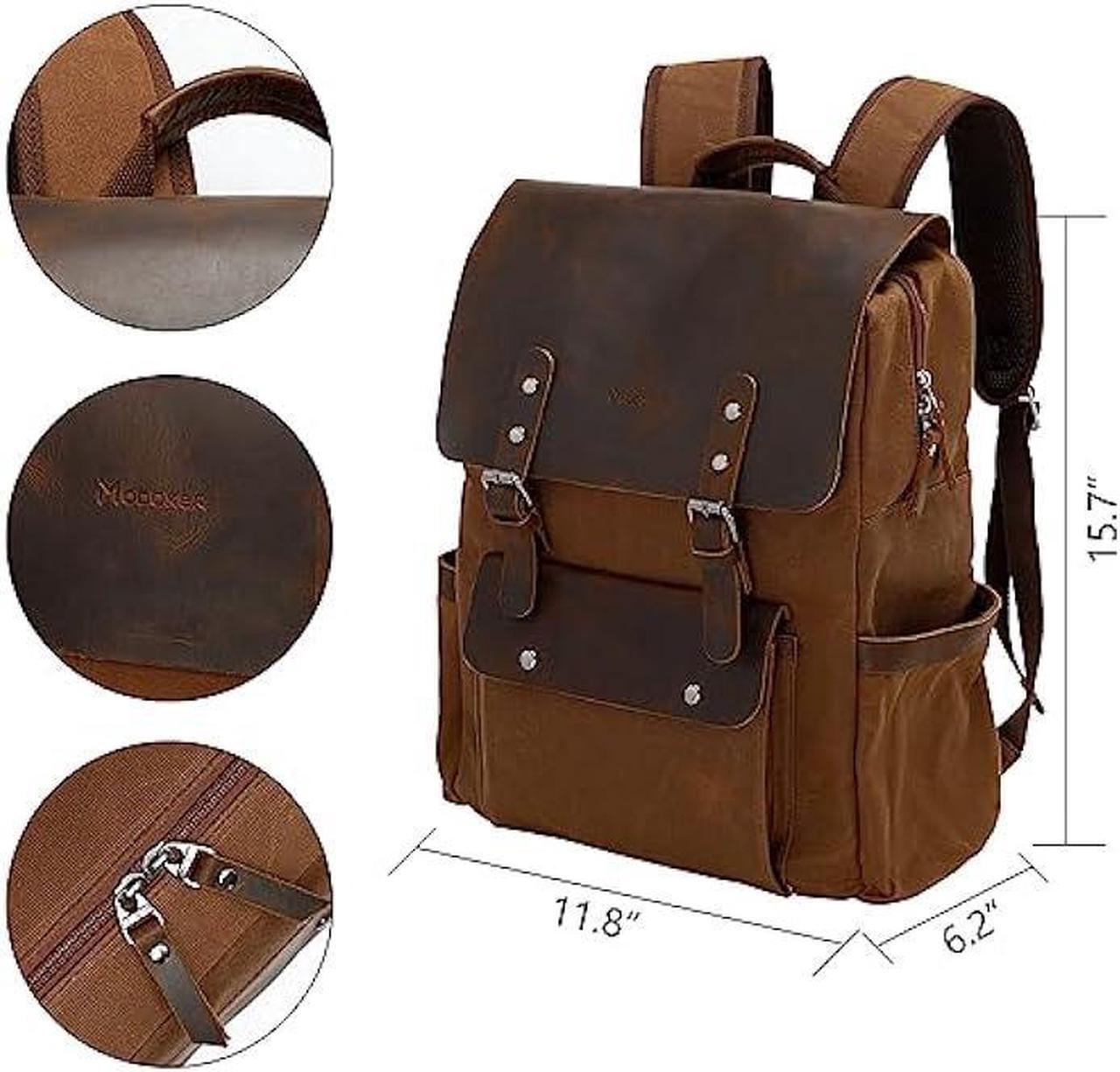 Alt view image 6 of 7 - Modoker Waxed Canvas Backpack, Leather Rucksack Knapsack for Men Woman Satchel Backpack, Vintage Travel Laptop Backpack 15.6 Inch Retro Flap Backpacks Canvas Carry On Casual Bookbag Daypack Brown