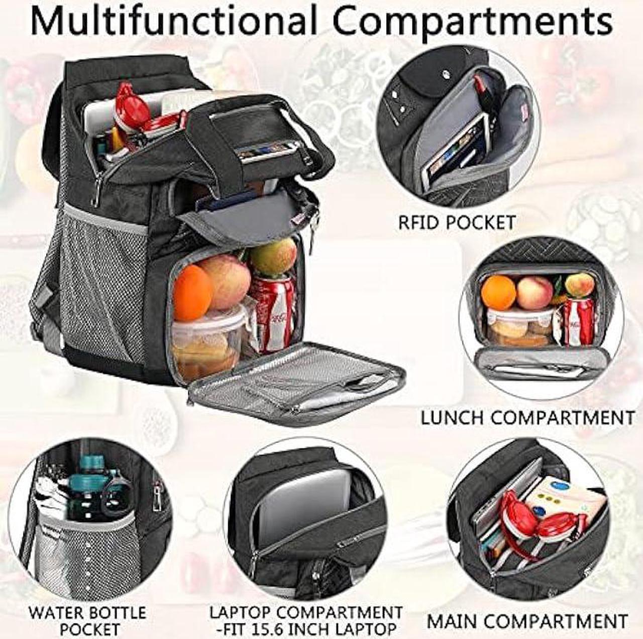 Alt view image 3 of 6 - Mogplof Lunch Backpack, Backpack Lunch Bag for Women, 15.6 Inch Lunchbox Backpack with USB and RFID Pockets, Water-resistant Backpack with Lunch Compartment,Laptop lunch Bag for Work Picnic