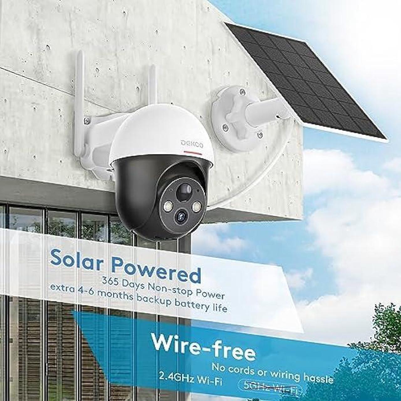 Alt view image 2 of 5 - DEKCO 2K Solar Security Camera Wireless Outdoor, 360 Degree Rotating Pan Tilt, Light and Sound Alarm, Night Vision, Motion Detection, and 2 Way Audio