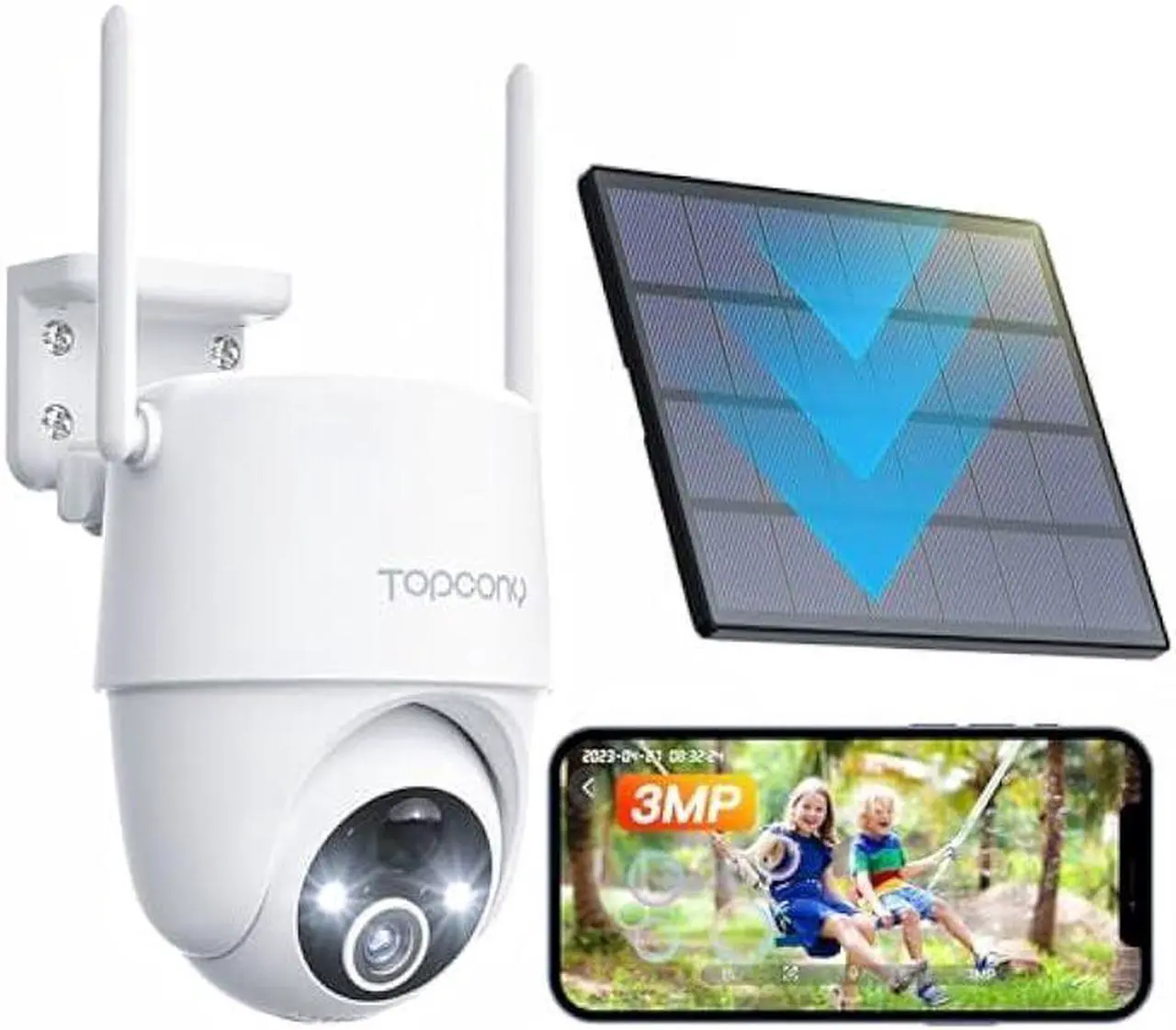 Main image of Topcony 2K 3MP Solar Powered Security Cameras Wireless Outdoor for Home, 360° PTZ Wi-Fi Dome Rechargeable Camera with Color Night Vision, AI Human Detection, 2-Way Talk, IP65 Waterproof, SD/Cloud