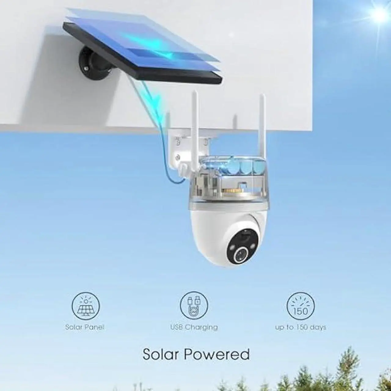 Alt view image 3 of 6 - Topcony 2K 3MP Solar Powered Security Cameras Wireless Outdoor for Home, 360° PTZ Wi-Fi Dome Rechargeable Camera with Color Night Vision, AI Human Detection, 2-Way Talk, IP65 Waterproof, SD/Cloud