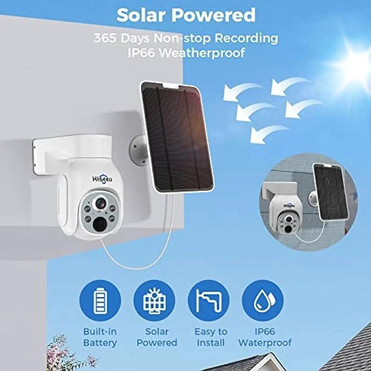 Alt view image 2 of 6 - Hiseeu Solar Security Camera Outdoor, 4MP Wireless Battery Camera, PTZ 360° View, PIR Motion Detection, Color Night Vision, IP66, 2-Way Audio, 2.4G WiFi, Compatible with Alexa