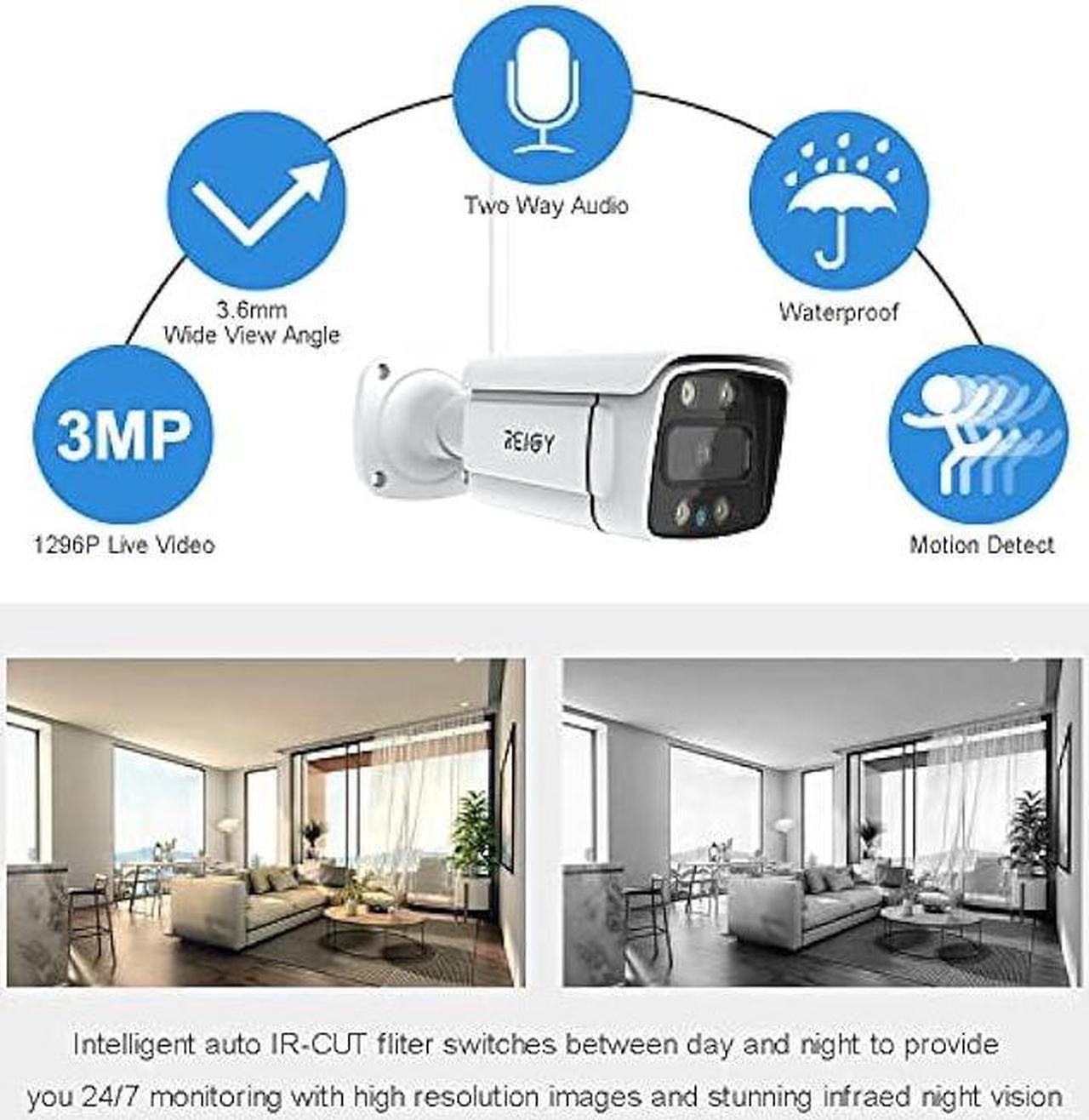 Alt view image 2 of 7 - REIGY 3MP WiFi Security Camera System with Floodlight Without Hard Drive, 2K Outdoor Home Surveillance Set 8CH 5MP NVR + 4X 1296P IP Cam, 2-Way Audio Remote View Color Night Vision Motion Detection
