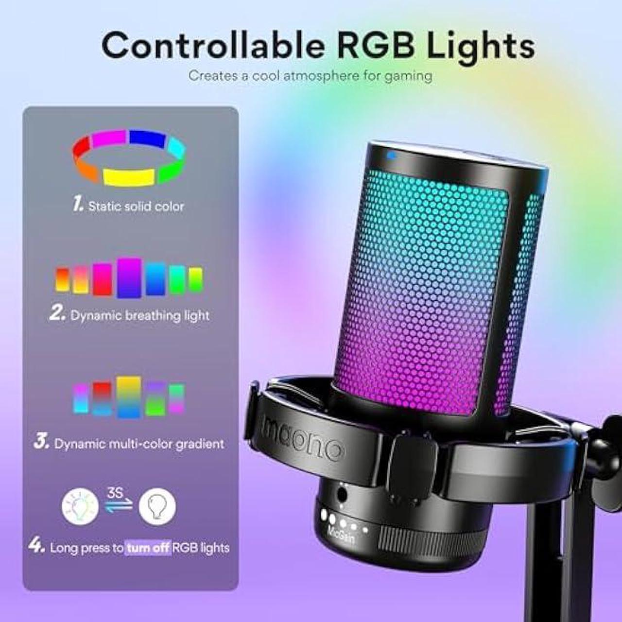 Alt view image 4 of 5 - MAONO USB Gaming Microphone for PC, Noise Cancellation Condenser Mic with RGB Lights, Mute, Gain for Streaming, Recording, Podcast, Chat, Twitch, YouTube, Discord, Computer, PS5, PS4, GamerWave