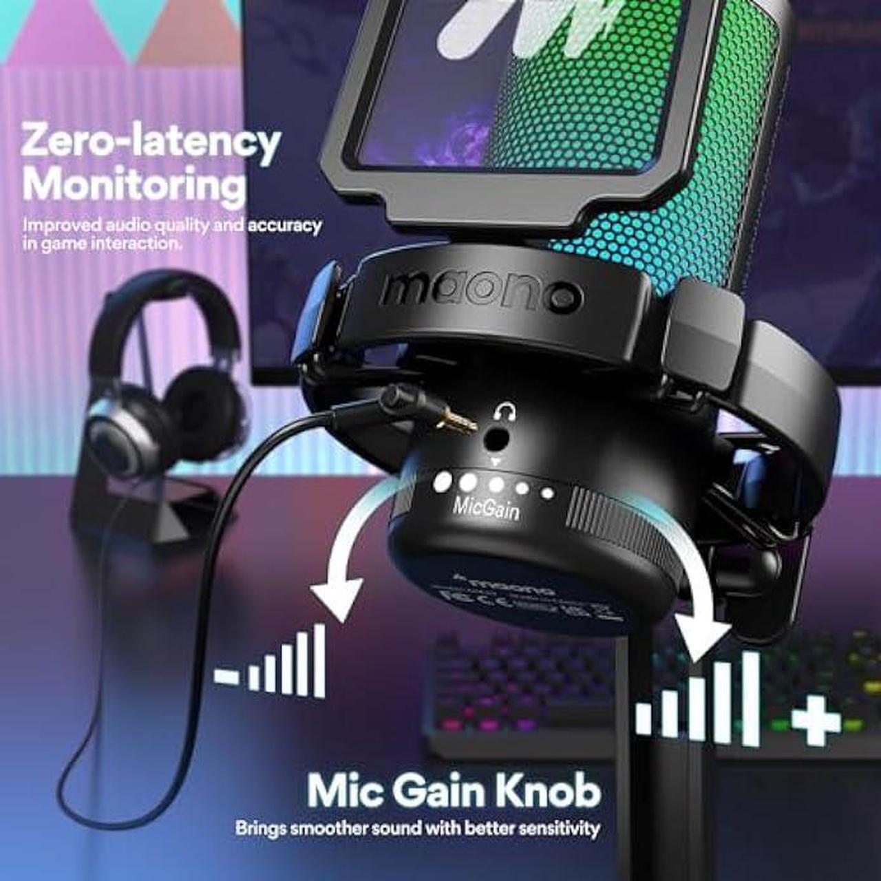 Alt view image 5 of 5 - MAONO USB Gaming Microphone for PC, Noise Cancellation Condenser Mic with RGB Lights, Mute, Gain for Streaming, Recording, Podcast, Chat, Twitch, YouTube, Discord, Computer, PS5, PS4, GamerWave