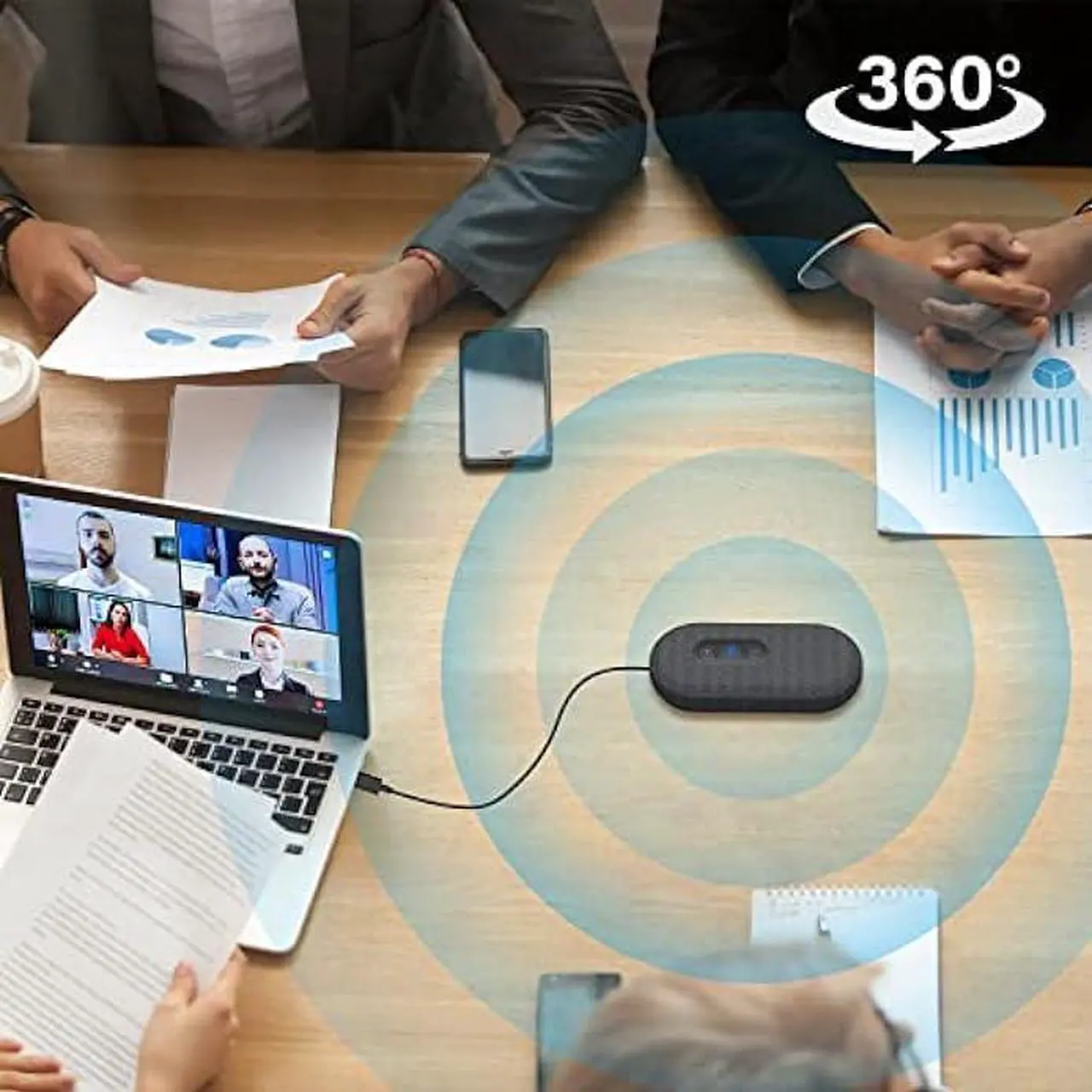 Alt view image 6 of 7 - USB Speaker phone, Conference Computer Speaker with Microphone for Virtual Meetings, 360° Voice Pickup, Echo CancellationNoise Reduction, Plug and Play, Compatible with Zoom, Teams, Skype and more