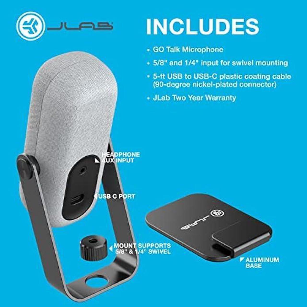 Alt view image 6 of 6 - JLab Go Talk USB Microphone, White, USB-C Output, Cardioid or Omnidirectional, 96k Sample Rate, 20Hz, 20kHz Frequency Response, Volume Control and Quick Mute, 3.5mm AUX, Plug and Play