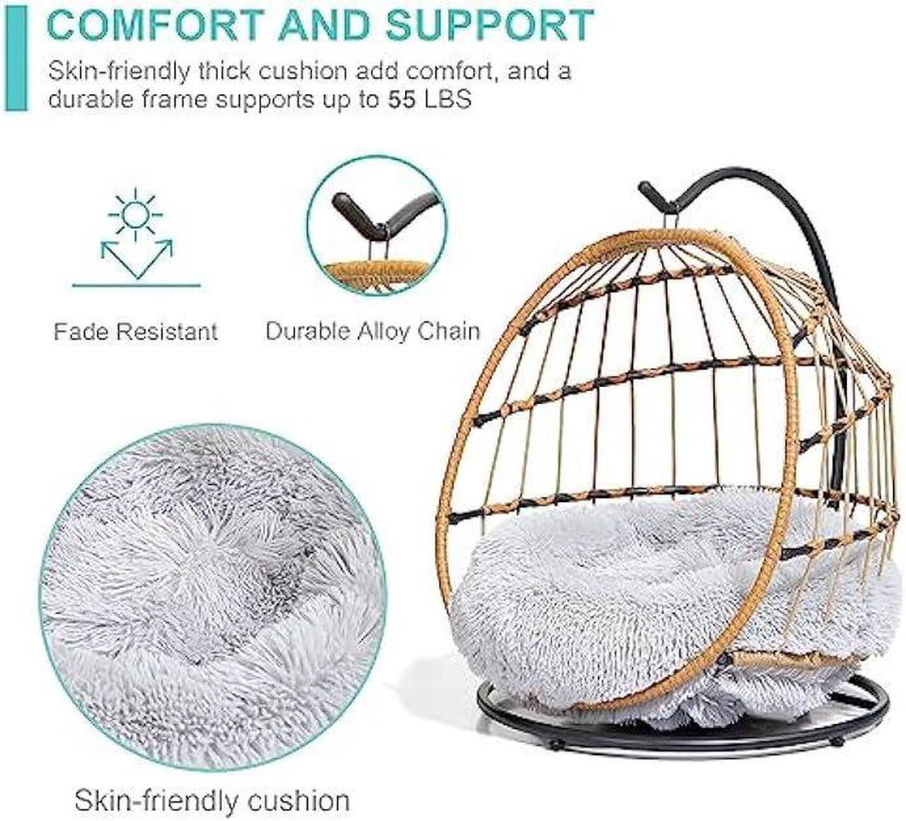Alt view image 5 of 6 - SWITTE Cat Bed Hanging Swing Egg Chair Pet Wicker Hammock with Removable Cushion Suitable for Small Dog & Cats Indoors & Outdoors -Light Grey