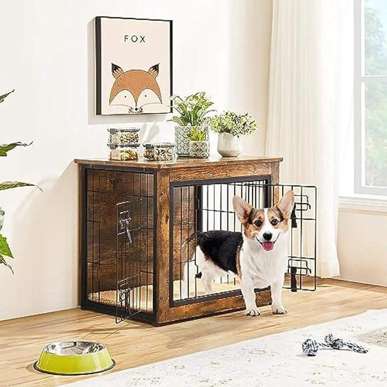 Alt view image 2 of 6 - Yaheetech 27.5'' Dog Crate Furniture with Cushion Wooden Dog Crate with Double Doors/Adjustable Feet Side End Table for Small/Medium Dogs, 27.5 L × 20 W × 24 H