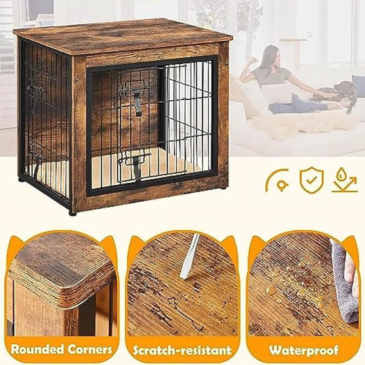 Alt view image 5 of 6 - Yaheetech 27.5'' Dog Crate Furniture with Cushion Wooden Dog Crate with Double Doors/Adjustable Feet Side End Table for Small/Medium Dogs, 27.5 L × 20 W × 24 H