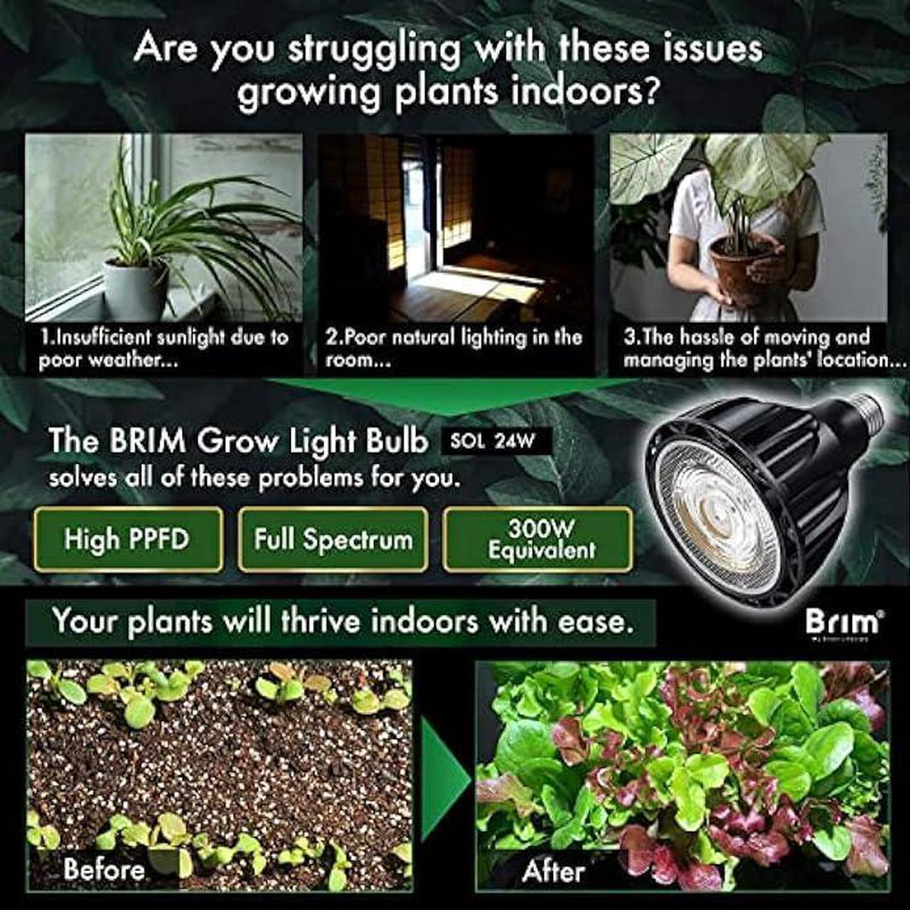 Alt view image 2 of 7 - BRIM Grow Light Bulb for Plants, High PPFD 1100mol/m²/s (1ft), Full Spectrum 24W (300W Equivalent) LED Grow Light Bulb, Grow Lights for Indoor Plants, E26 Grow Light Bulbs, 1-Pack (5800K, SOL 24W)
