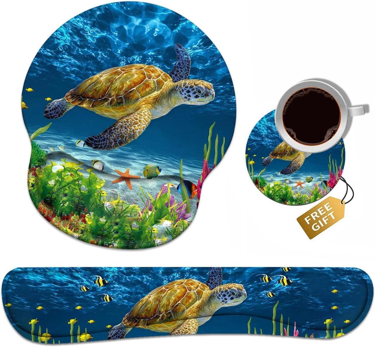 Main image of BXIKEOPIU Keyboard Wrist Rest + Mouse Pad Wrist Support Set with Coasters, Non-Slip PU Base Ergonomic Mousepad for Home Office Working Studying Easy Typing & Pain Relief, Sea Turtle