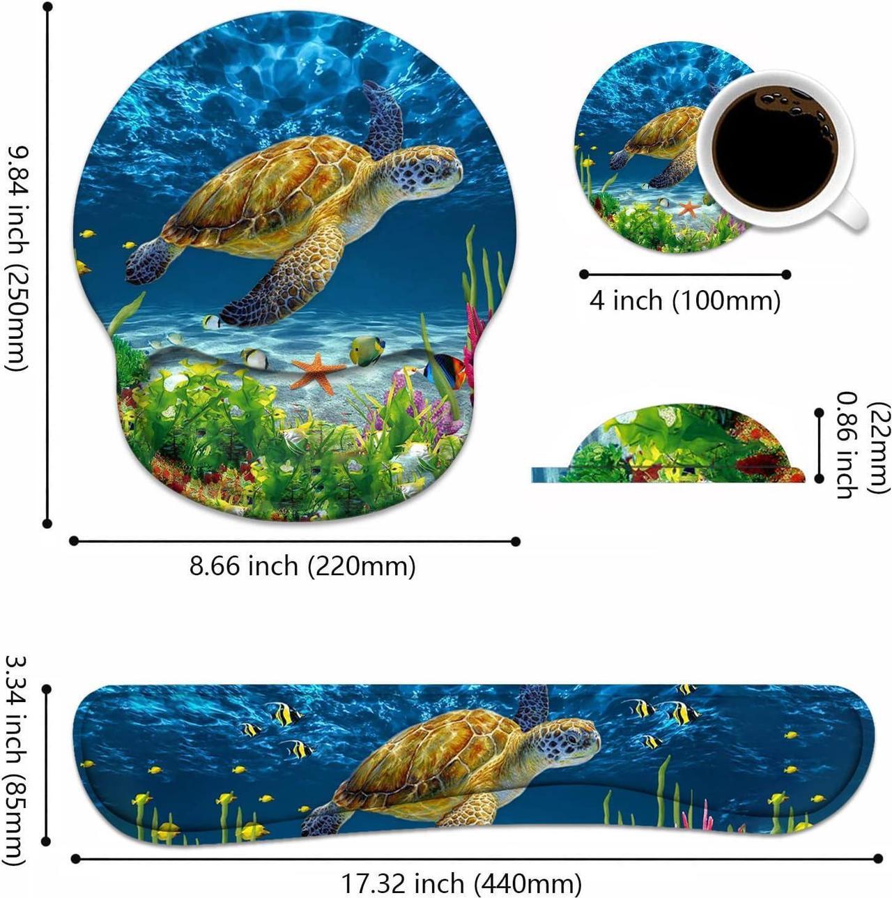 Alt view image 2 of 7 - BXIKEOPIU Keyboard Wrist Rest + Mouse Pad Wrist Support Set with Coasters, Non-Slip PU Base Ergonomic Mousepad for Home Office Working Studying Easy Typing & Pain Relief, Sea Turtle