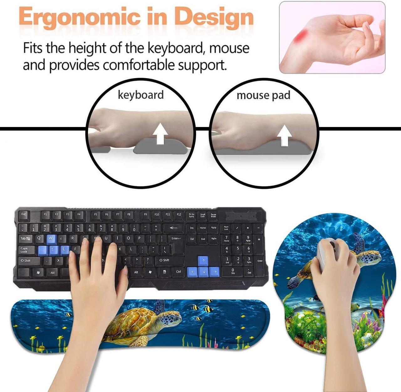 Alt view image 3 of 7 - BXIKEOPIU Keyboard Wrist Rest + Mouse Pad Wrist Support Set with Coasters, Non-Slip PU Base Ergonomic Mousepad for Home Office Working Studying Easy Typing & Pain Relief, Sea Turtle