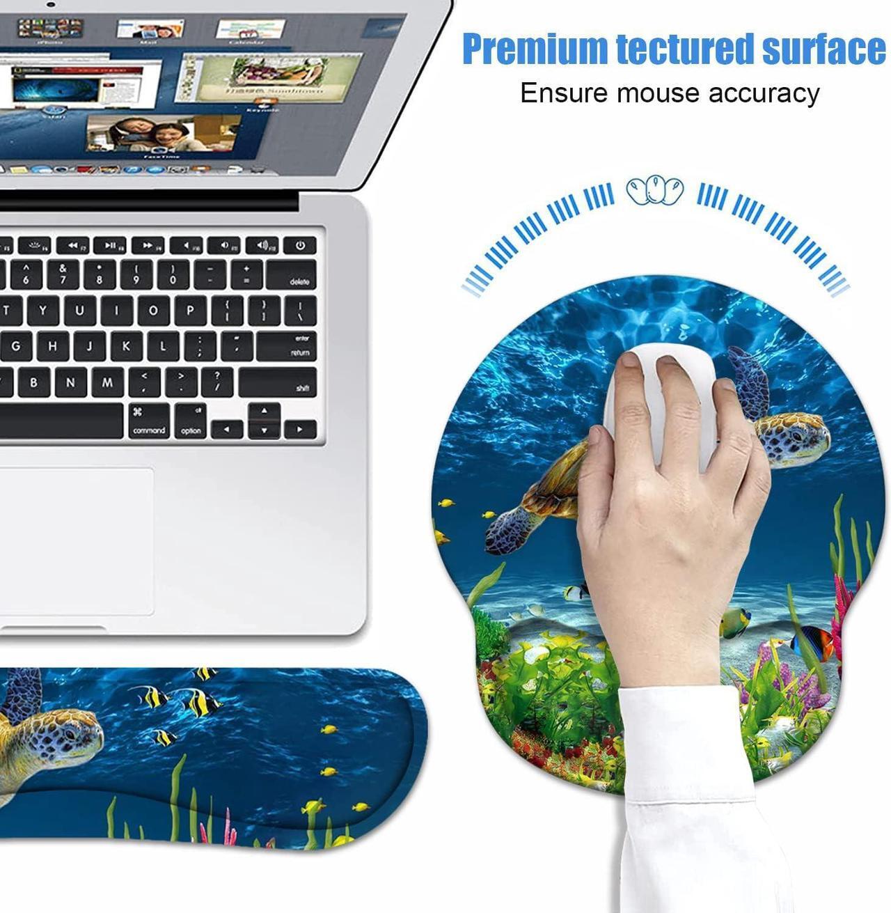 Alt view image 4 of 7 - BXIKEOPIU Keyboard Wrist Rest + Mouse Pad Wrist Support Set with Coasters, Non-Slip PU Base Ergonomic Mousepad for Home Office Working Studying Easy Typing & Pain Relief, Sea Turtle