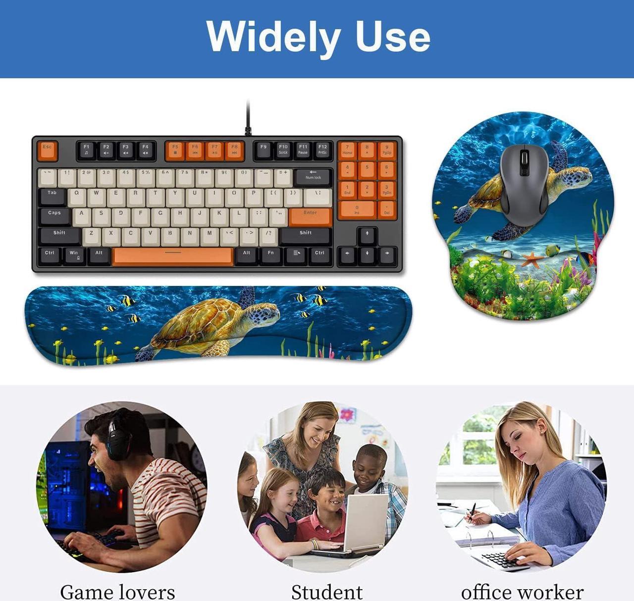 Alt view image 7 of 7 - BXIKEOPIU Keyboard Wrist Rest + Mouse Pad Wrist Support Set with Coasters, Non-Slip PU Base Ergonomic Mousepad for Home Office Working Studying Easy Typing & Pain Relief, Sea Turtle