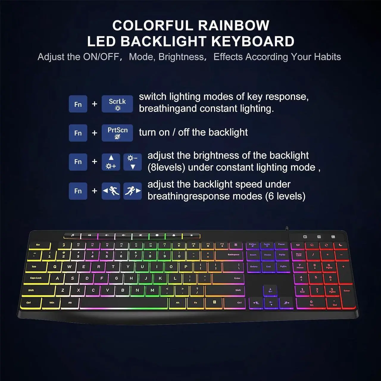 Alt view image 2 of 7 - Wired Rainbow Backlit Keyboard, Quiet Light Up USB Computer Keyboard,Full Size Silent Keyboard with12 Multimedia Keys,Large Number KeyPad,Spill-Resistant, Anti-Wear Letters, for Laptop,Desktop
