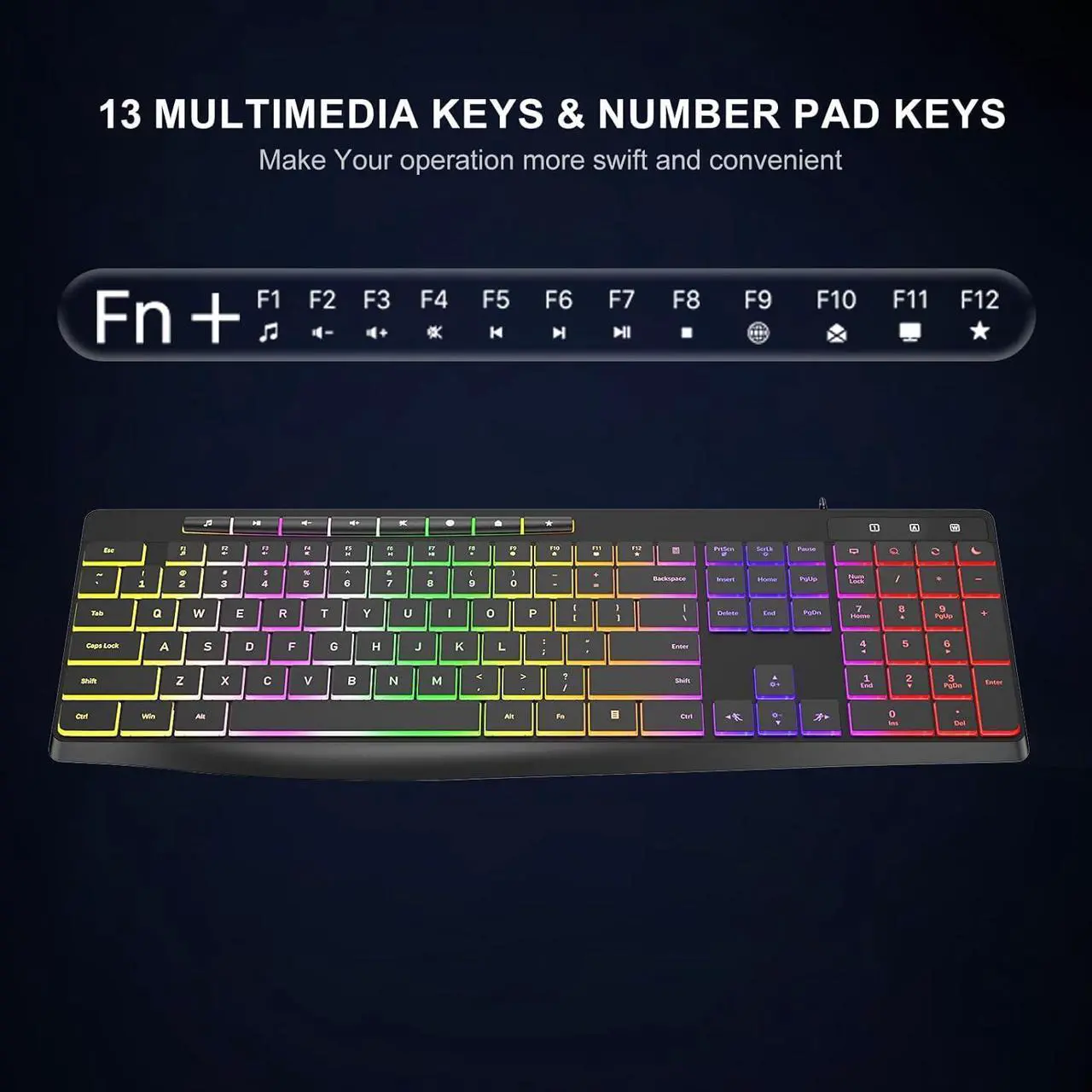 Alt view image 4 of 7 - Wired Rainbow Backlit Keyboard, Quiet Light Up USB Computer Keyboard,Full Size Silent Keyboard with12 Multimedia Keys,Large Number KeyPad,Spill-Resistant, Anti-Wear Letters, for Laptop,Desktop