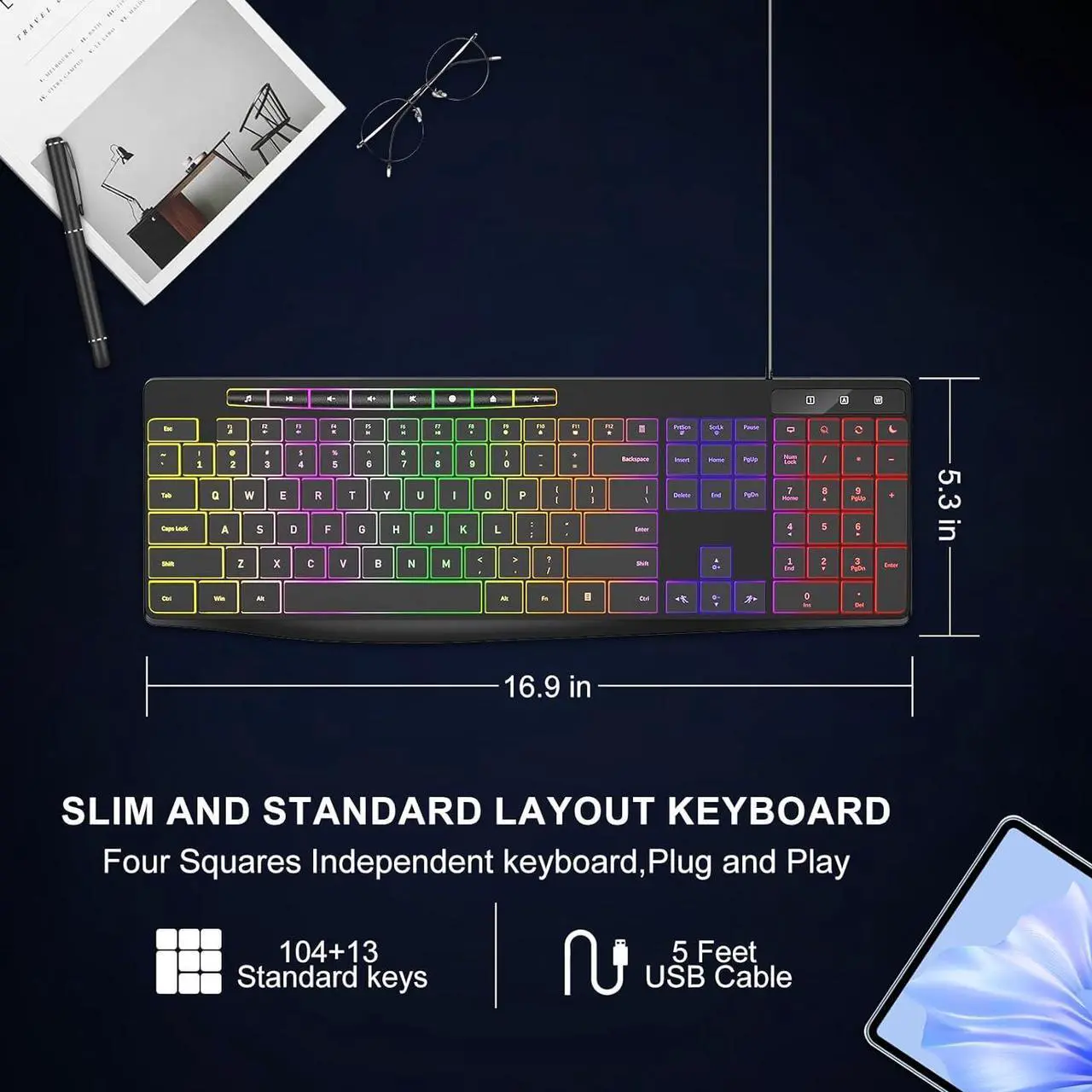 Alt view image 6 of 7 - Wired Rainbow Backlit Keyboard, Quiet Light Up USB Computer Keyboard,Full Size Silent Keyboard with12 Multimedia Keys,Large Number KeyPad,Spill-Resistant, Anti-Wear Letters, for Laptop,Desktop