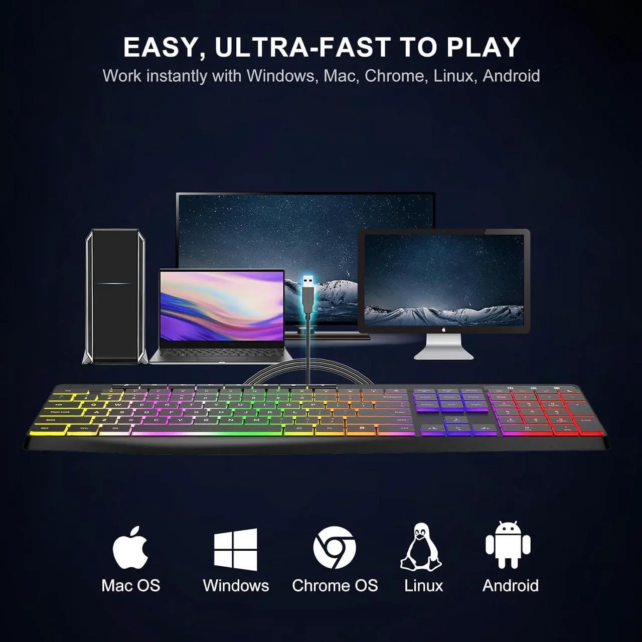 Alt view image 7 of 7 - Wired Rainbow Backlit Keyboard, Quiet Light Up USB Computer Keyboard,Full Size Silent Keyboard with12 Multimedia Keys,Large Number KeyPad,Spill-Resistant, Anti-Wear Letters, for Laptop,Desktop