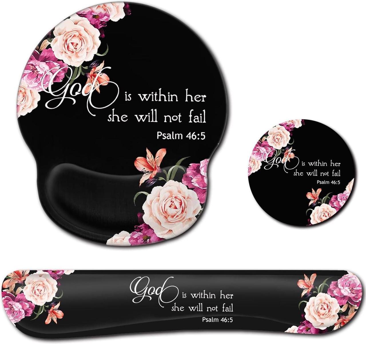 Main image of Keyboard Wrist Rest Pad and Ergonomic Mouse Pad Wrist Support Set for Computer, Gaming, Office, Pain Relief + CoastersPeony Flower Psalm 46:5 God is Within Her, She Will Not Fall
