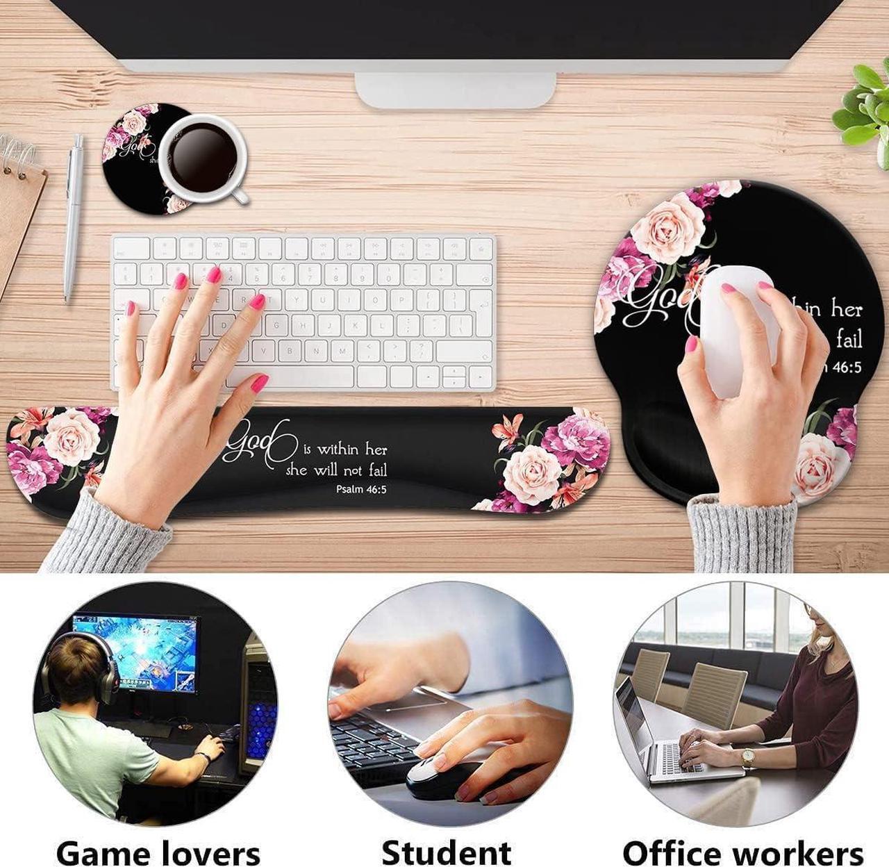 Alt view image 2 of 7 - Keyboard Wrist Rest Pad and Ergonomic Mouse Pad Wrist Support Set for Computer, Gaming, Office, Pain Relief + CoastersPeony Flower Psalm 46:5 God is Within Her, She Will Not Fall