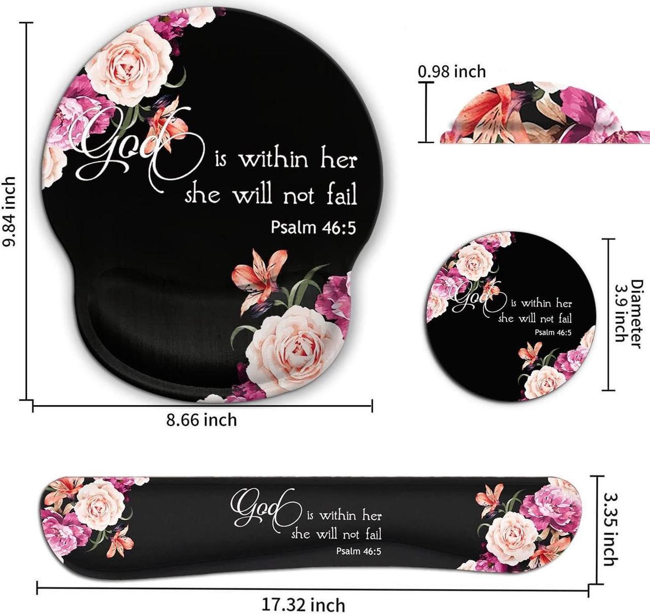 Alt view image 3 of 7 - Keyboard Wrist Rest Pad and Ergonomic Mouse Pad Wrist Support Set for Computer, Gaming, Office, Pain Relief + CoastersPeony Flower Psalm 46:5 God is Within Her, She Will Not Fall
