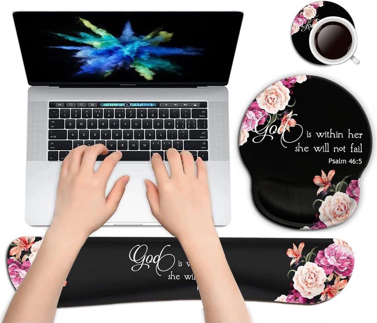 Alt view image 4 of 7 - Keyboard Wrist Rest Pad and Ergonomic Mouse Pad Wrist Support Set for Computer, Gaming, Office, Pain Relief + CoastersPeony Flower Psalm 46:5 God is Within Her, She Will Not Fall