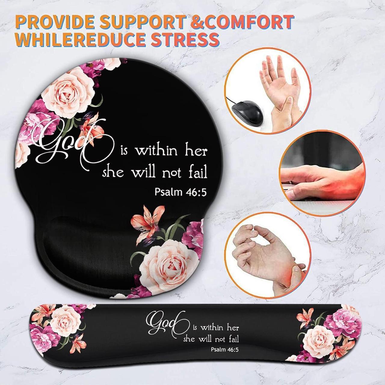 Alt view image 6 of 7 - Keyboard Wrist Rest Pad and Ergonomic Mouse Pad Wrist Support Set for Computer, Gaming, Office, Pain Relief + CoastersPeony Flower Psalm 46:5 God is Within Her, She Will Not Fall