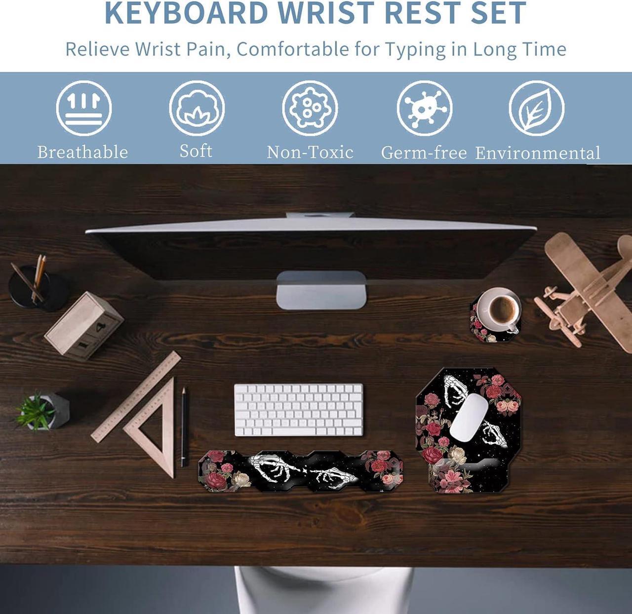 Alt view image 2 of 7 - Keyboard Wrist Rest & Ergonomic Mouse Wrist Rest Pad Set, Octagon Mouse Pad Made of Memory Foam with Non Slip Rubber Base Easy Typing Relieve Wrist Pain for Computer Office - Rose Skull Skeleton