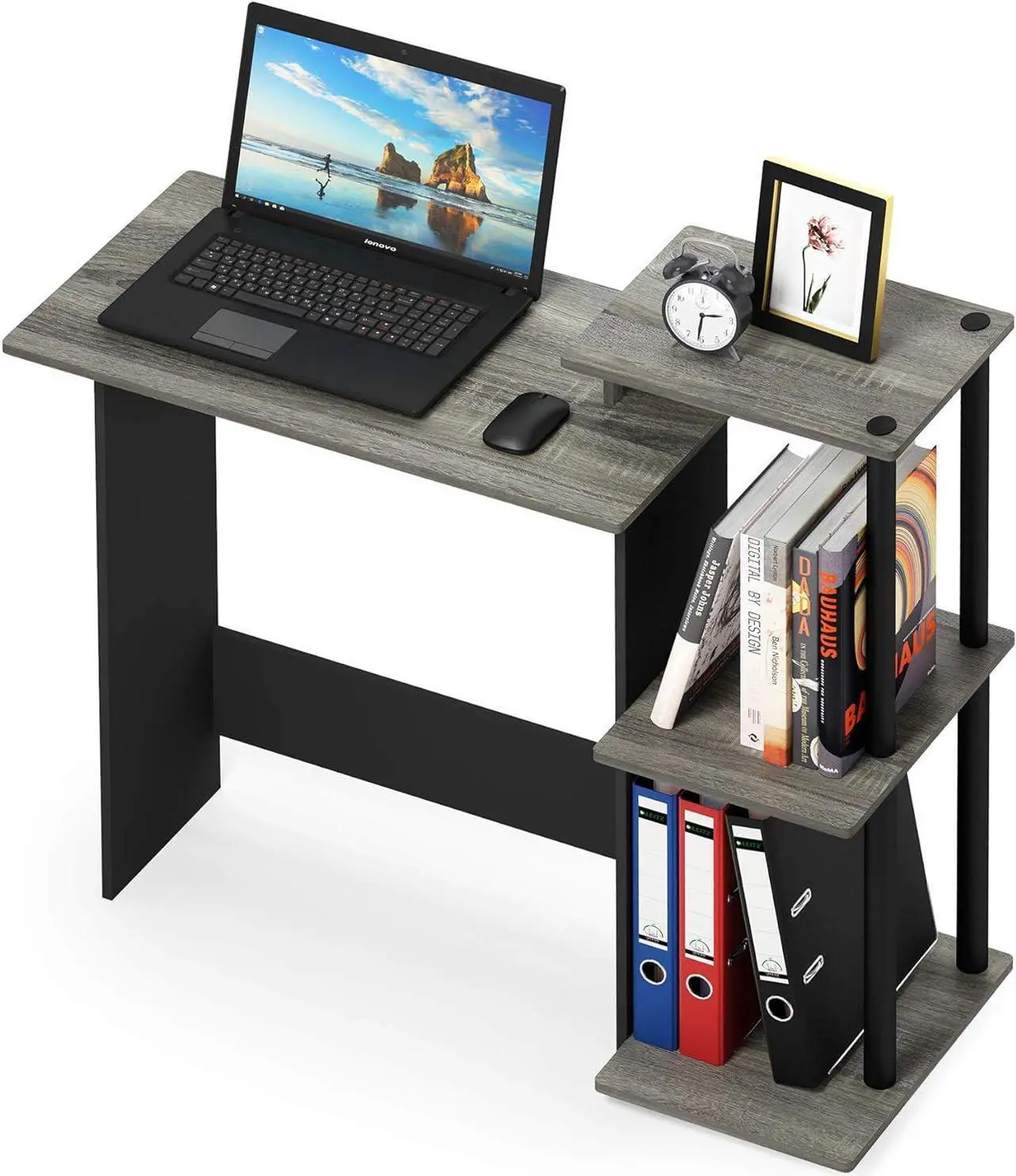 Alt view image 6 of 7 - Furinno Efficient Home Laptop Notebook Computer Desk with Square Shelves, French Oak/Black