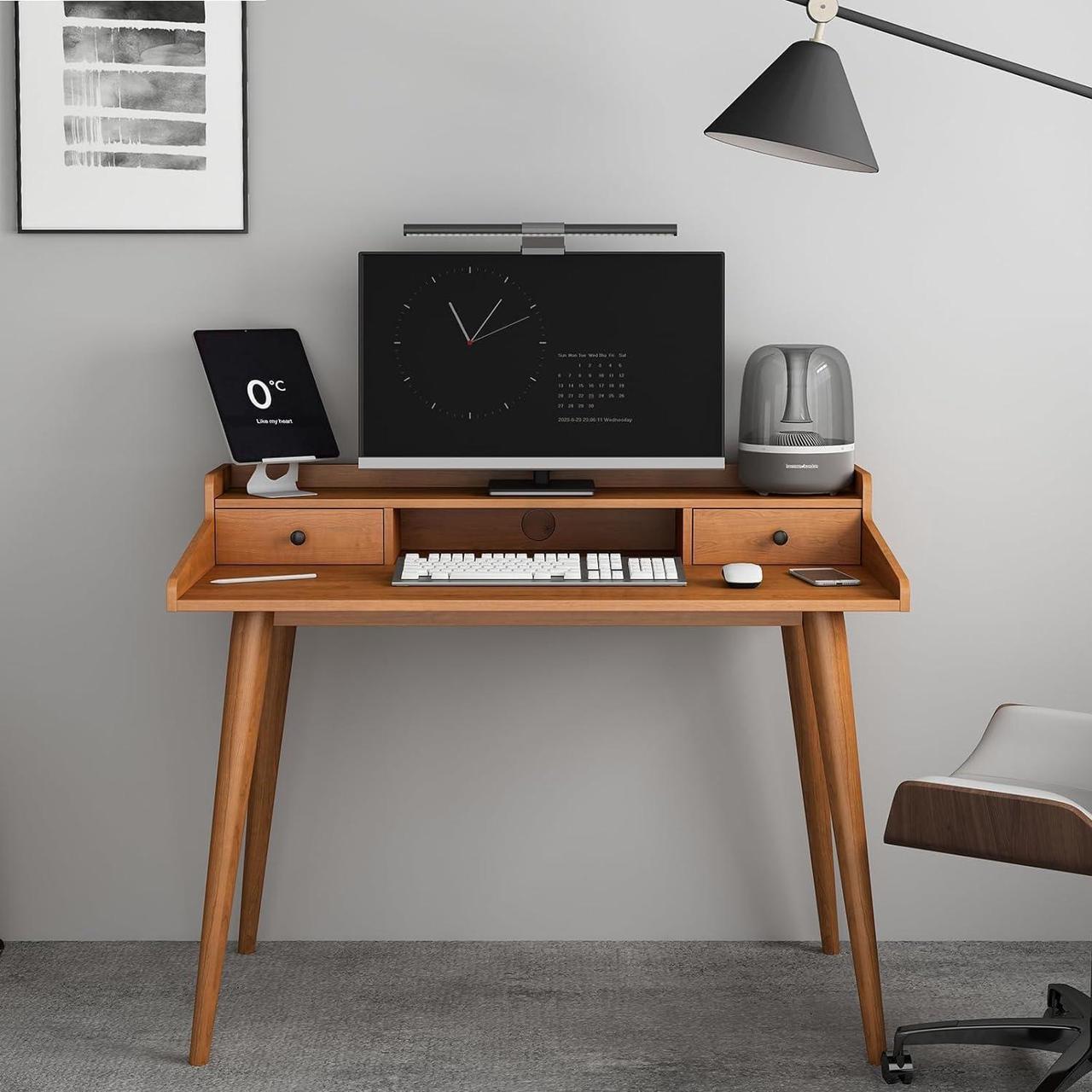 Alt view image 5 of 7 - Mid Century Modern Desk, 41" Wood Home Office Writing Computer or Laptop Desk with Monitor Stand Riser and Open Storage Cubby, Vanity Desk with 2 Drawers
