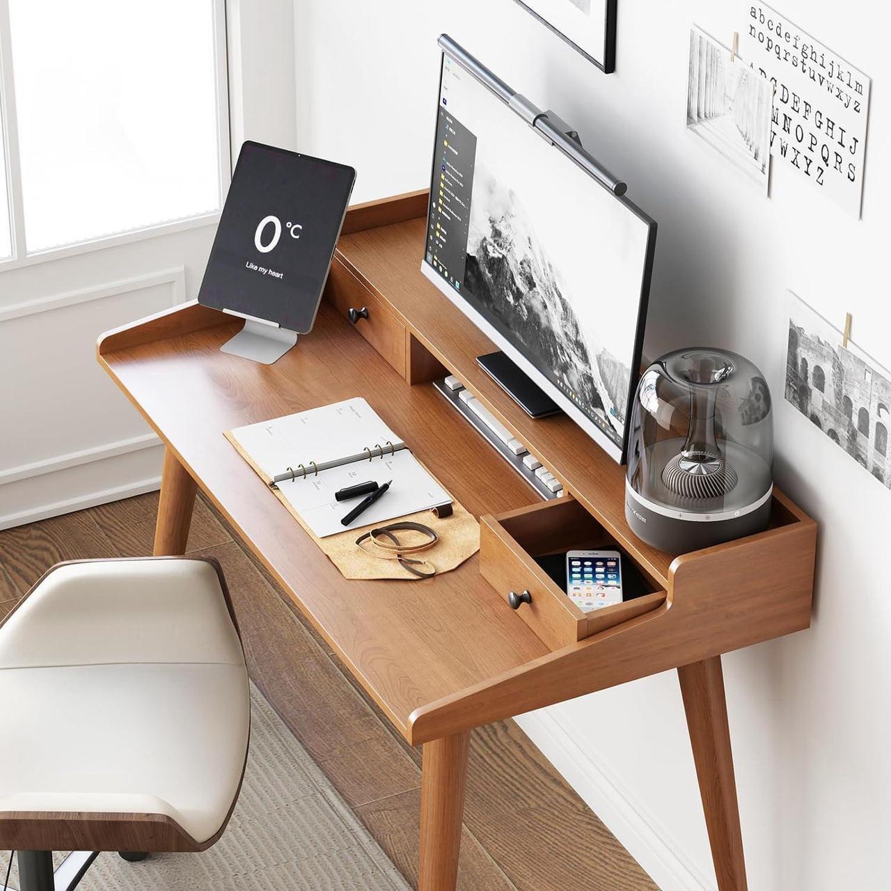 Alt view image 3 of 7 - Mid Century Modern Desk, 41" Wood Home Office Writing Computer or Laptop Desk with Monitor Stand Riser and Open Storage Cubby, Vanity Desk with 2 Drawers
