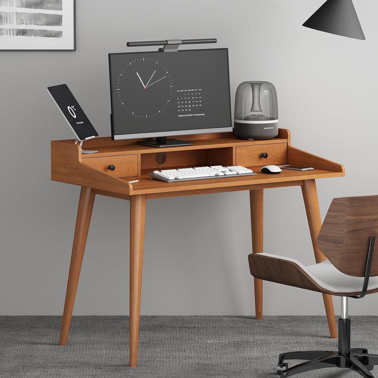 Alt view image 7 of 7 - Mid Century Modern Desk, 41" Wood Home Office Writing Computer or Laptop Desk with Monitor Stand Riser and Open Storage Cubby, Vanity Desk with 2 Drawers
