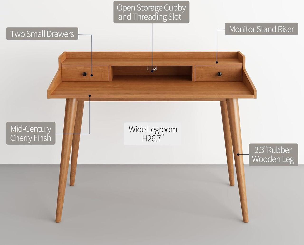 Alt view image 6 of 7 - Mid Century Modern Desk, 41" Wood Home Office Writing Computer or Laptop Desk with Monitor Stand Riser and Open Storage Cubby, Vanity Desk with 2 Drawers