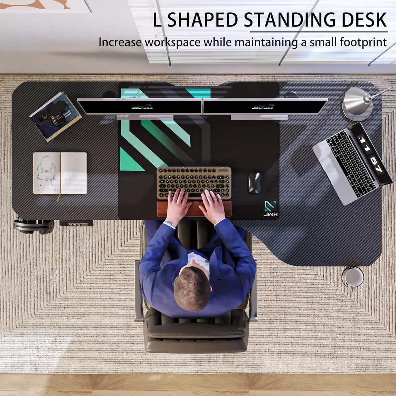 Alt view image 2 of 7 - JWX Standing Adjustable Desk, 63 inches L Shaped Electric Standing Gaming Desk with Locking Wheels, Cup Holder, Headphone Hook, Cable Manager, Mouse pad, Carbon Fiber Textured Pane