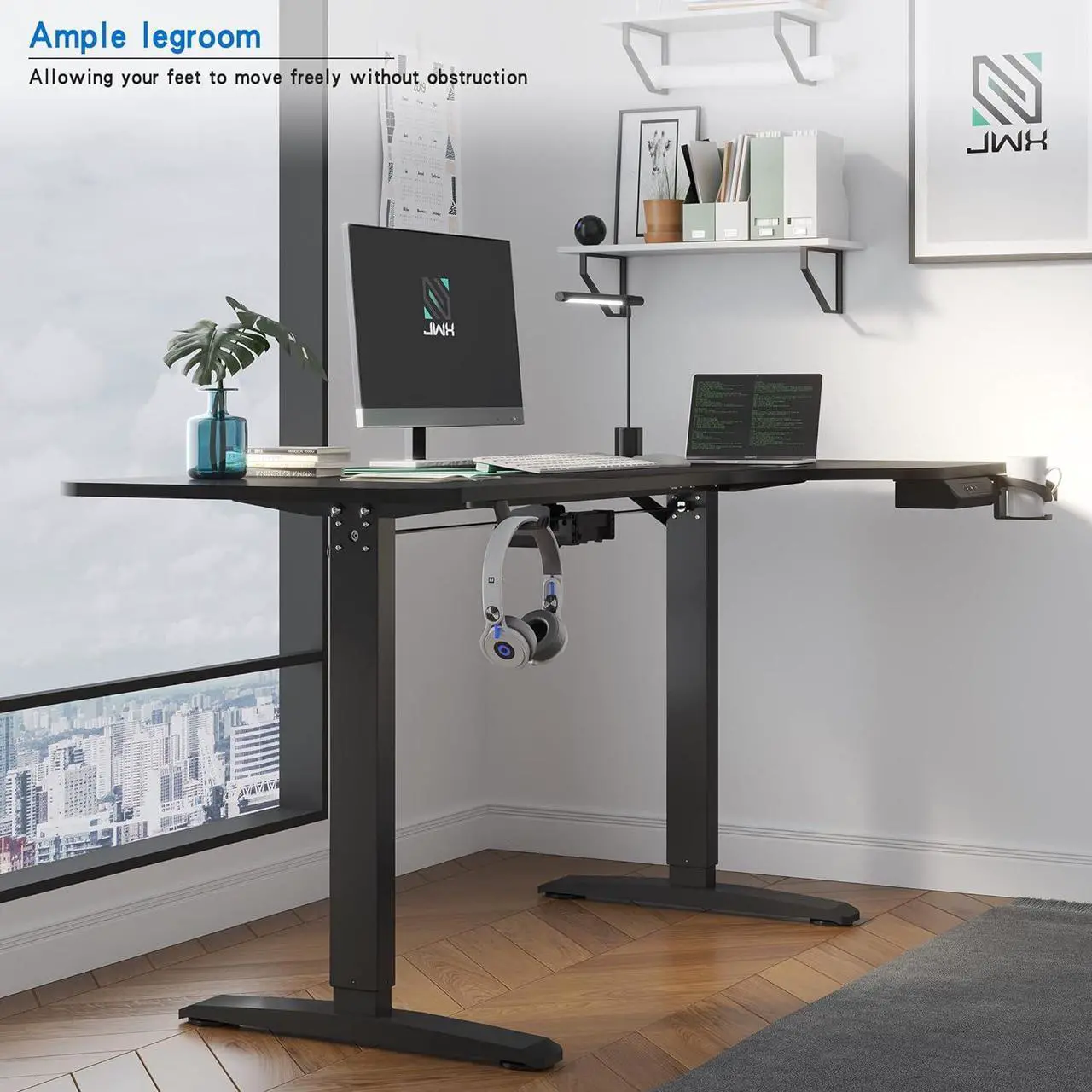 Alt view image 4 of 7 - JWX Standing Adjustable Desk, 63 inches L Shaped Electric Standing Gaming Desk with Locking Wheels, Cup Holder, Headphone Hook, Cable Manager, Mouse pad, Carbon Fiber Textured Pane
