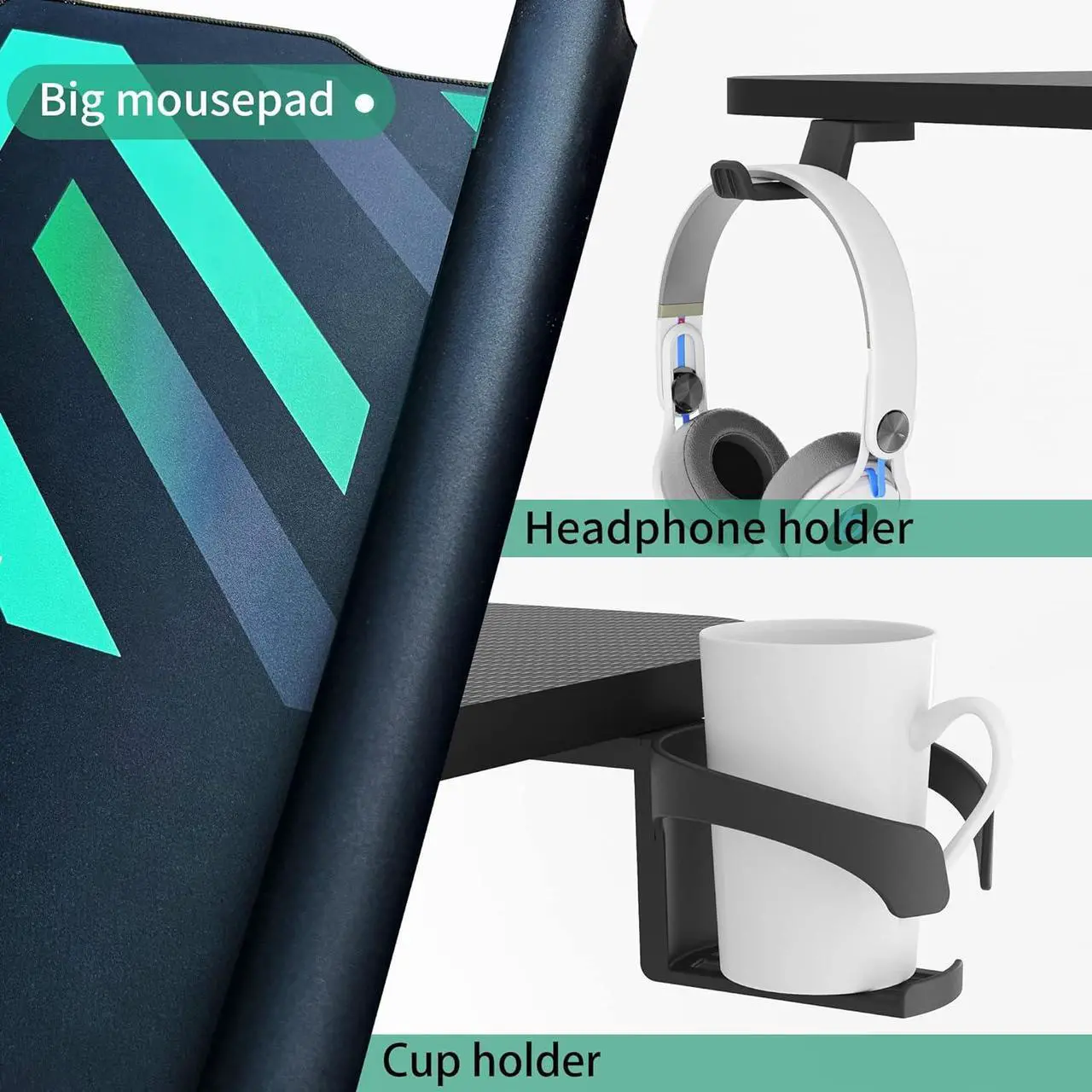 Alt view image 7 of 7 - JWX Standing Adjustable Desk, 63 inches L Shaped Electric Standing Gaming Desk with Locking Wheels, Cup Holder, Headphone Hook, Cable Manager, Mouse pad, Carbon Fiber Textured Pane