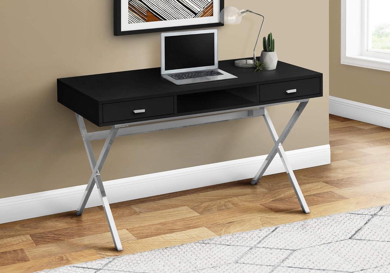 Main image of Monarch Specialties Laptop Table with Drawers and Open Shelf Computer, Writing Desk, Metal Sturdy, 48" L, Black/Chrome Legs
