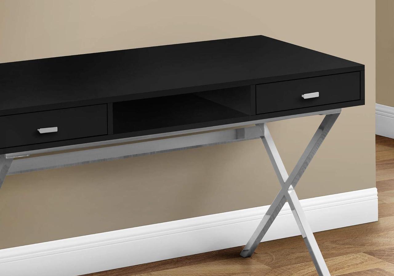 Alt view image 2 of 4 - Monarch Specialties Laptop Table with Drawers and Open Shelf Computer, Writing Desk, Metal Sturdy, 48" L, Black/Chrome Legs